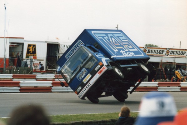 The Roadrunner does its party trick with famed stunt driver Gilbert Bataille at the wheel - Silverstone 1985 